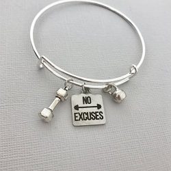 No Excuses workout jewelry dumbbell weight lifting fitness bangle charm bracelet